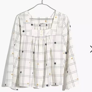 Madewell Embroidered Window Pane Square Neck Flower Stripe Top